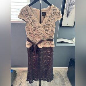 Adrianna Papell Pink and Brown Lace Midi Dress